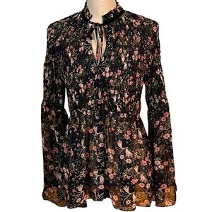 Essue Black Floral Print Gathered Ruching Top Sz-L